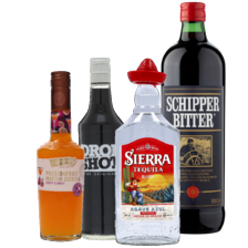 De Kuyper cocktail fles à 500 ml,
Dropshot of Sierra tequila fles à 700 ml
of Muier schipperbitter fles à 1000 ml
